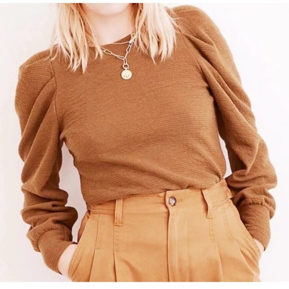 Madewell Pleated Statement Puff Sleeves Dusty Orange Rust Autumn Top Size XS